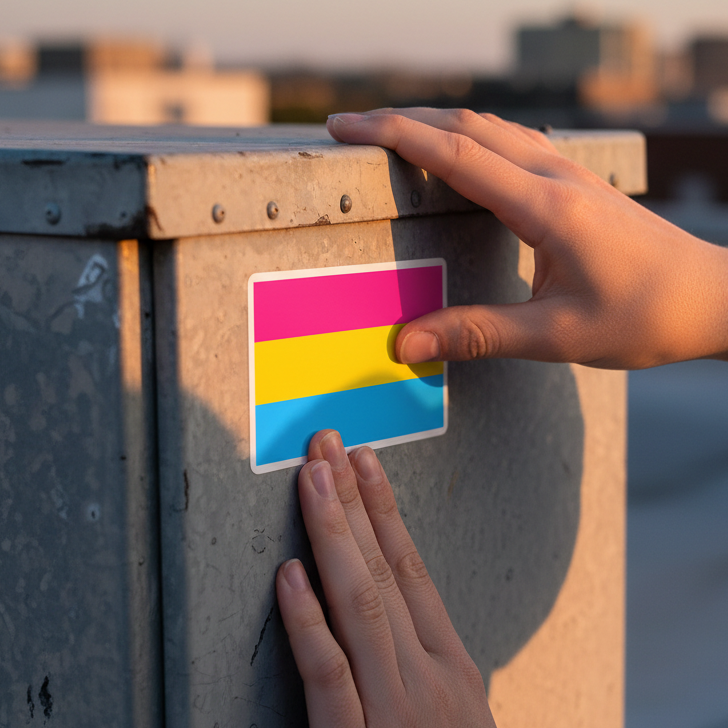Pansexual bubble-free sticker with vibrant pink, yellow, and blue stripes pressed onto gray metal outside at sunset