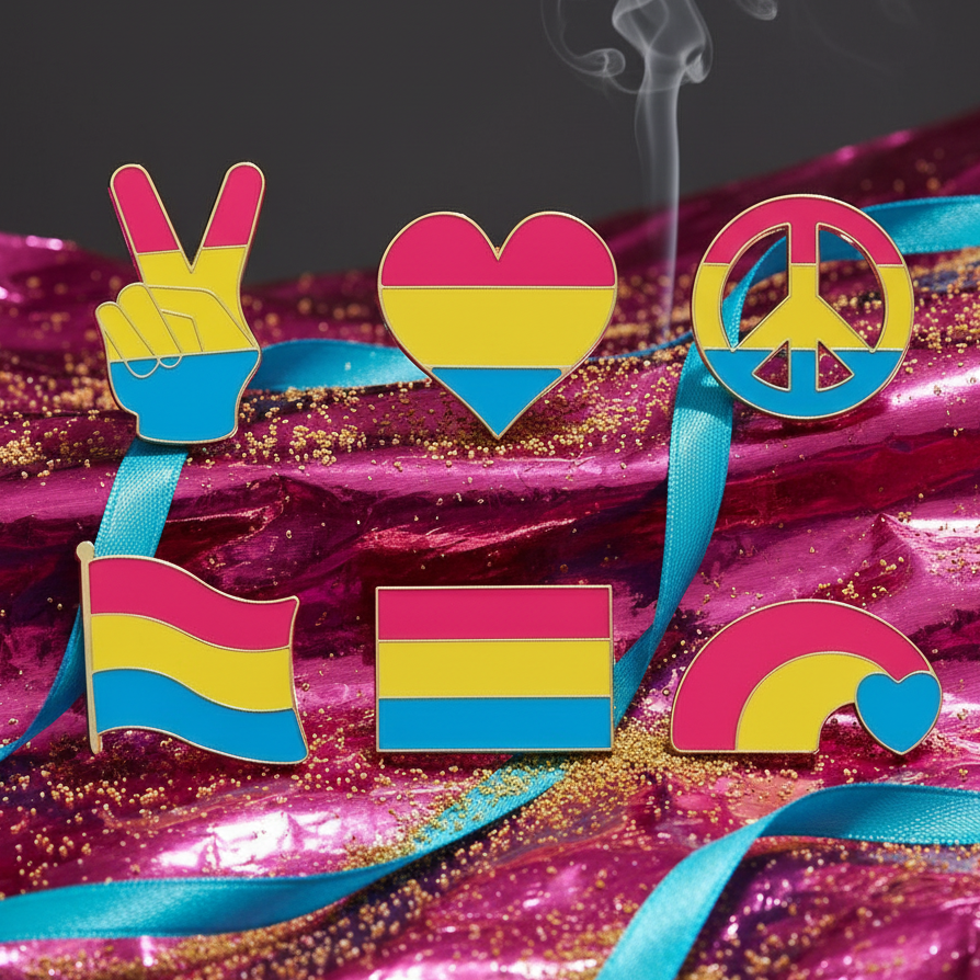 Six pansexual pride enamel pins arranged on glittery magenta fabric with blue ribbon