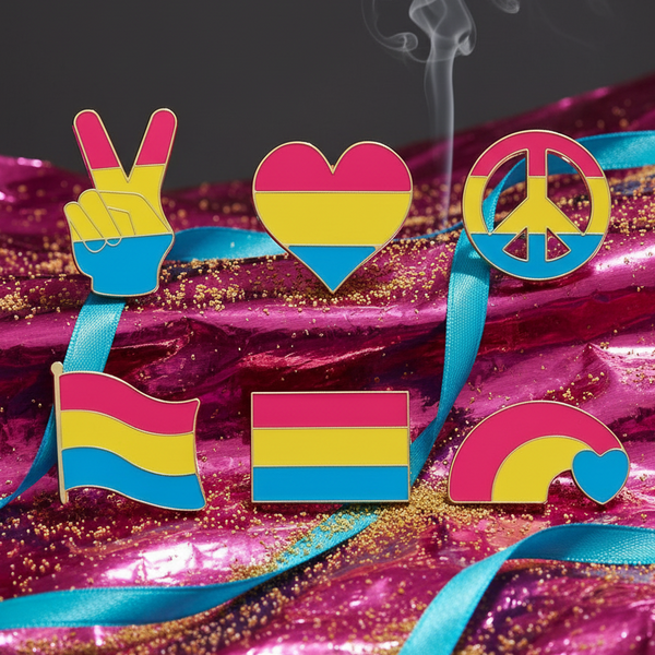 Six pansexual pride enamel pins arranged on glittery magenta fabric with blue ribbon