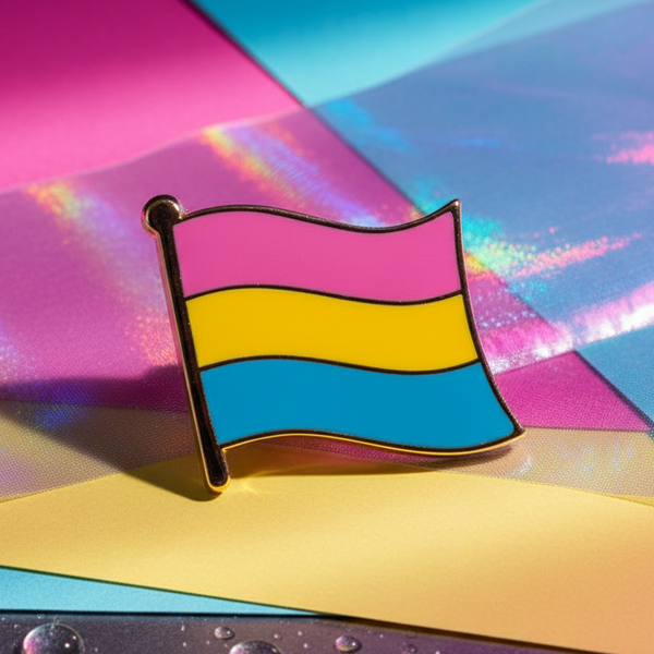 Pansexual pride flag enamel pin displayed on colorful iridescent geometric backgrounds