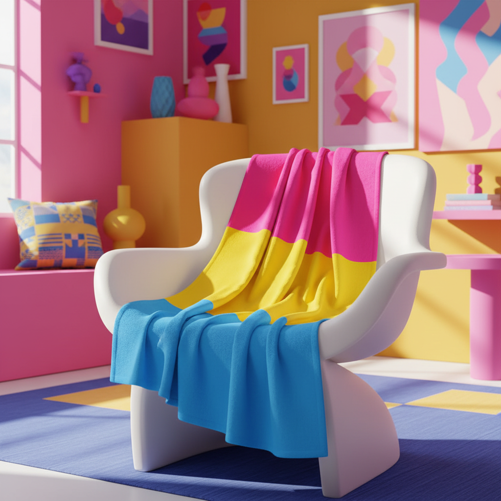Pansexual Flag Throw Blanket with pink, yellow, and blue stripes drapes a modern white chair amid abstract art, bold pillows