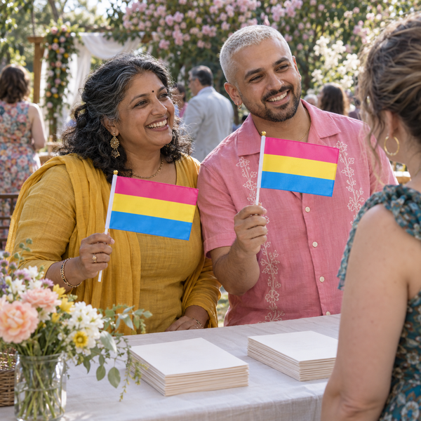 Adults celebrating with Pansexual Pride hand flags in the 14 x 21 cm size