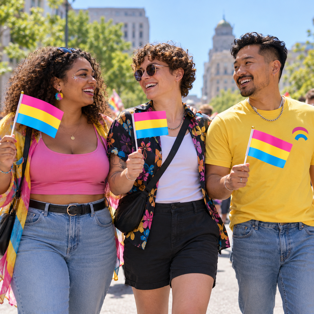 Adults celebrating together with small Pansexual Pride hand flags