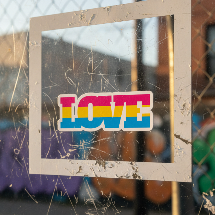 Pansexual bubble-free sticker with bold “LOVE” in yellow, pink, and blue stripes on scratched window; chain-link fence