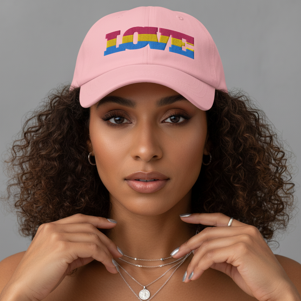 Pansexual Love Cap: pink hat with “LOVE” in rainbow embroidery, repping LGBTQ+ pride