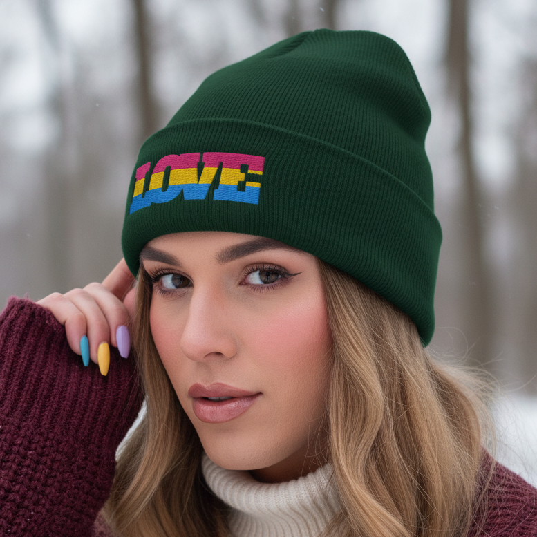 Pansexual Love Cuffed Beanie with “LOVE” in rainbow letters