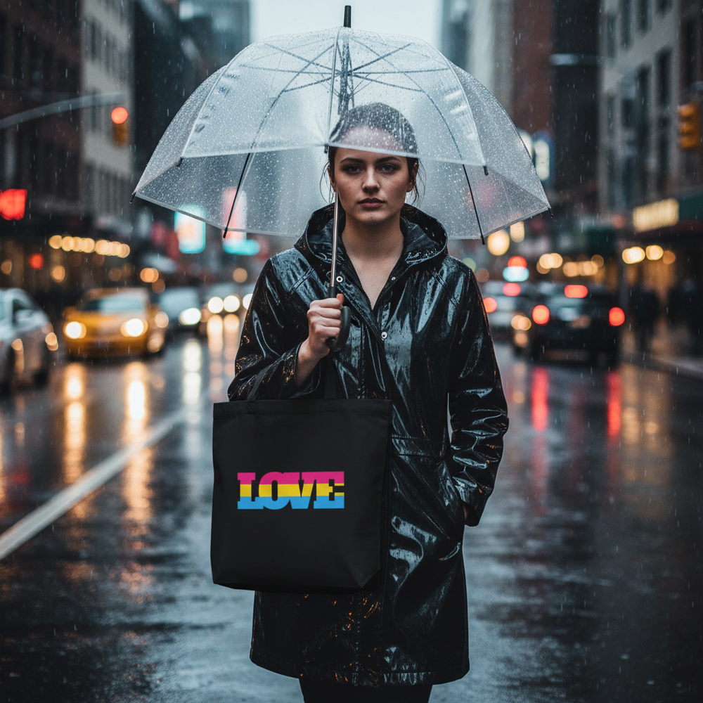 Person in a black raincoat holds a black LOVE tote under a clear umbrella in the rain