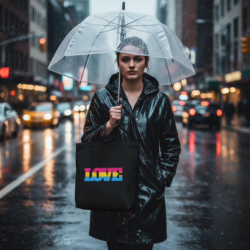 Person in a black raincoat holds a black LOVE tote under a clear umbrella in the rain