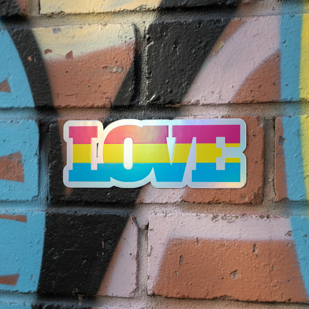 Pansexual holographic sticker with bold "LOVE" text, pink, yellow, and blue stripes pops against a vivid graffiti brick wall.
