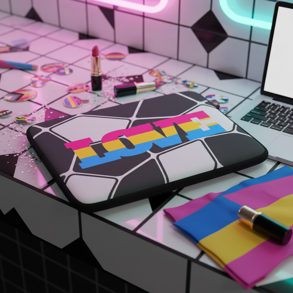 Pansexual Love Laptop Sleeve with “LOVE” in yellow, pink, and blue neoprene on a tiled desk, pan pride flag, queer buttons