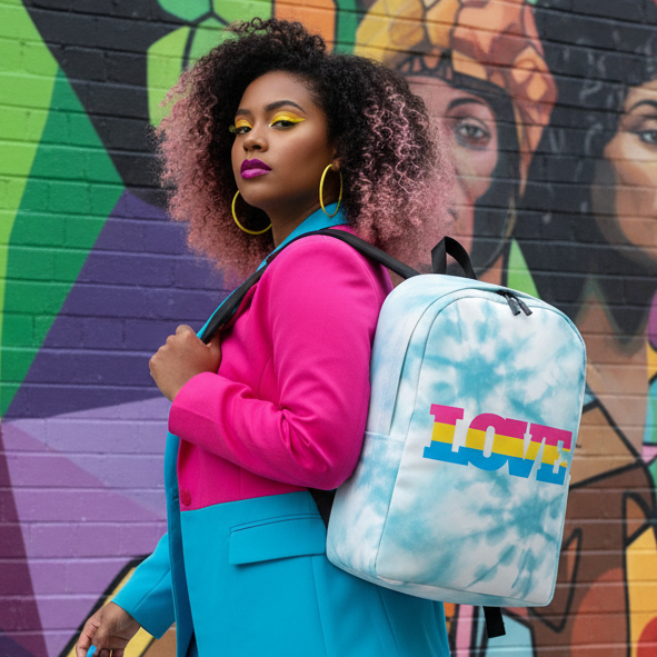 Pansexual Love Minimalist Backpack with multicolored “LOVE” text, worn by a person in pink hair and jacket, mural backdrop