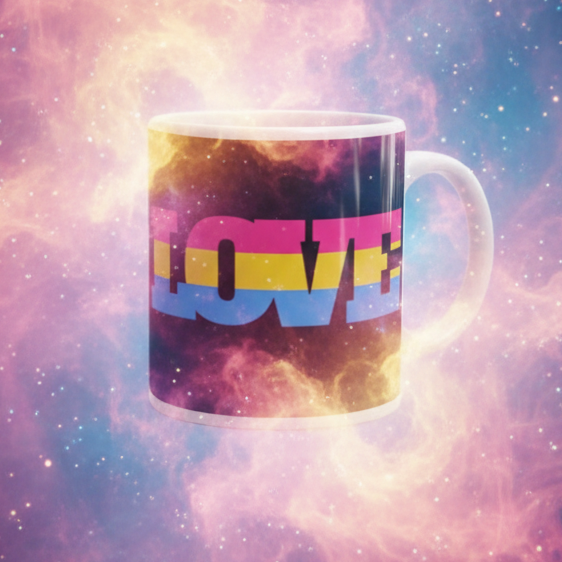 White ceramic mug with bold LOVE lettering in pink, yellow, and blue stripes, against a colorful nebula