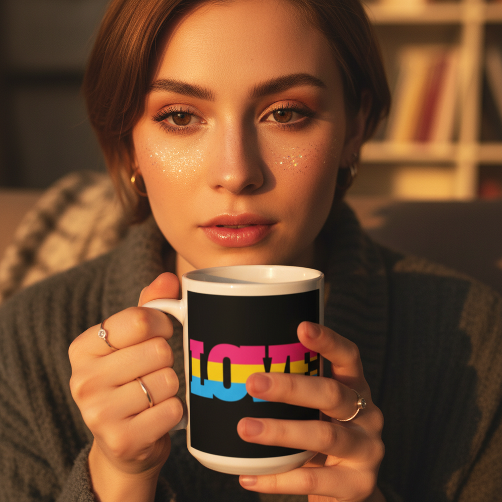 Person in a sweater holding a black mug with colorful LOVE lettering and stripes