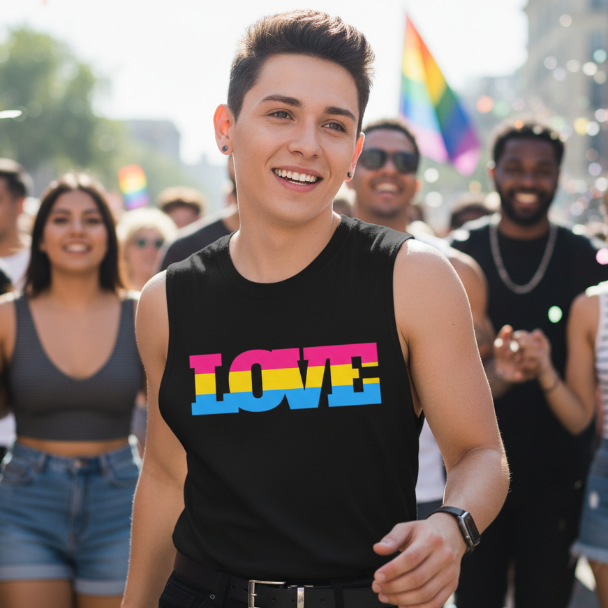 Pansexual Love Muscle Top with bold “LOVE” in pan flag colors worn by a smiling queer at pride