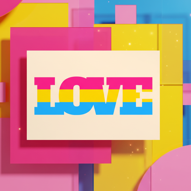 Pansexual Love Postcard with “LOVE” in pink, yellow, blue stripes on white, lively geometric backdrop