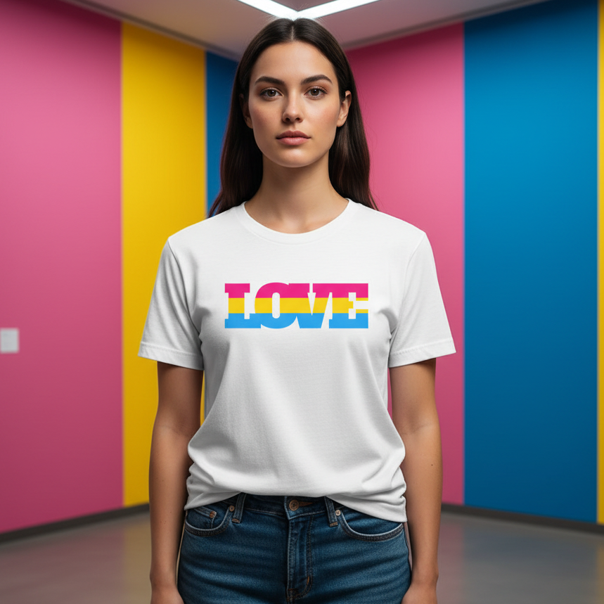 Pansexual Love T-Shirt with “LOVE” in pink, yellow, blue; femme stands against pan pride walls