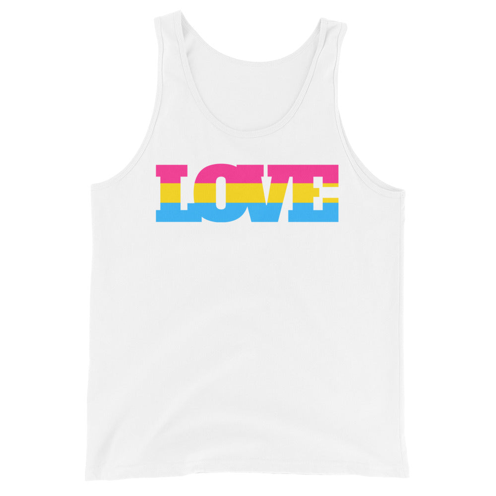 White tank top with the word “LOVE” in pink, yellow, and blue stripes