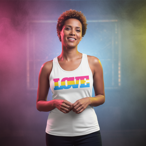 Pansexual Love Unisex Tank Top with “LOVE” in rainbow letters; wearer beams under glowing pink, blue