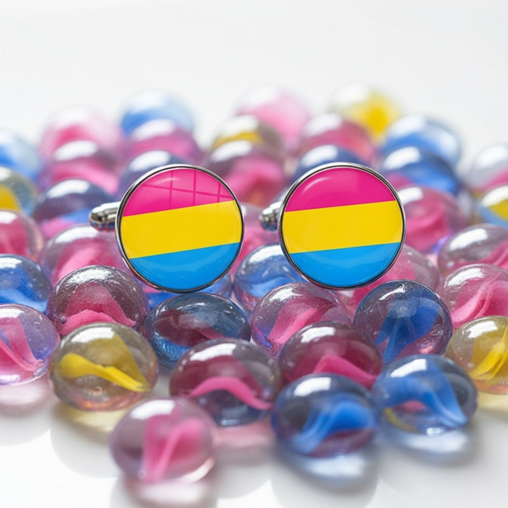 Pair of round pansexual pride cufflinks resting on colorful glass marbles