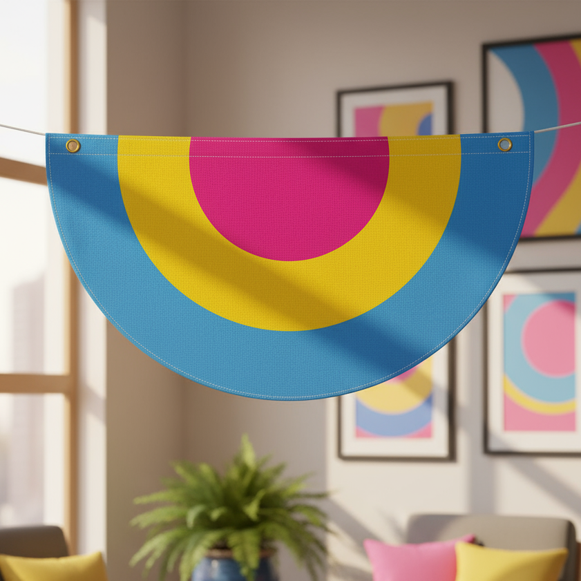 Pansexual pride bunting with blue, yellow, and pink semicircles hanging in a sunlit room