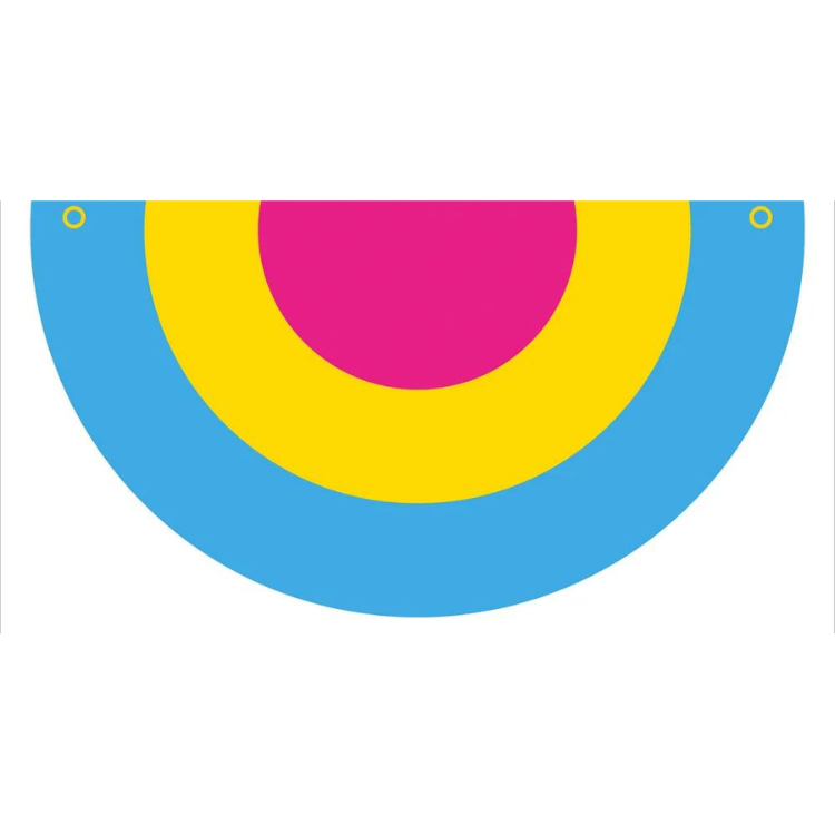 Close-up of a blue, yellow, and pink semicircular bunting flag with two eyelets