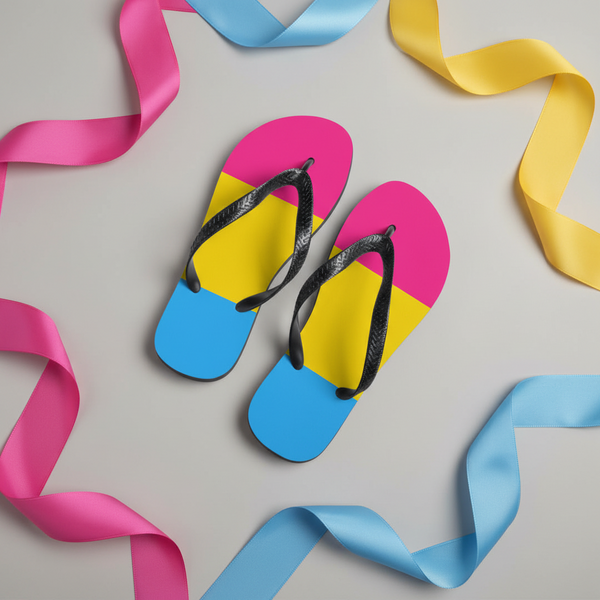 Pansexual Pride flip-flops with black straps and color-blocked pink, yellow, and blue soles