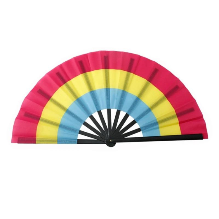 Open folding fan with pink, yellow, and blue bands and black ribs on a white background