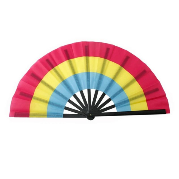Open folding fan with pink, yellow, and blue bands and black ribs on a white background