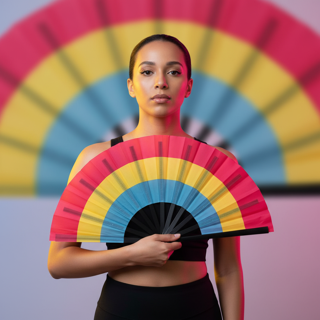 Person holding an open pink, yellow, blue, and black folding fan in front of them