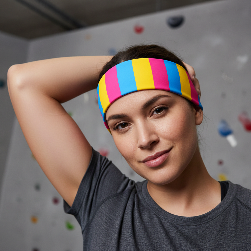 Pansexual Pride Headband in signature flag colors worn by a confident person with dark workout gear