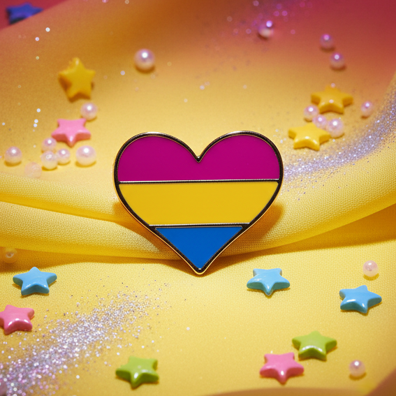 Close-up of a pansexual pride heart enamel pin on yellow fabric with colorful star confetti