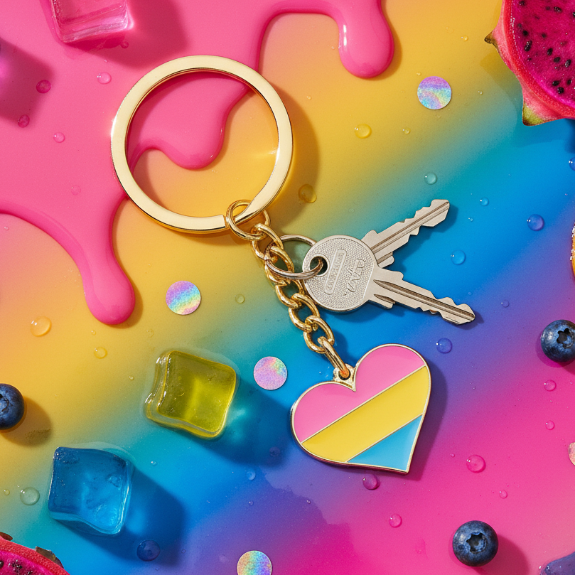 Pansexual pride heart keychain with two silver keys on a colorful pink, yellow, and blue background