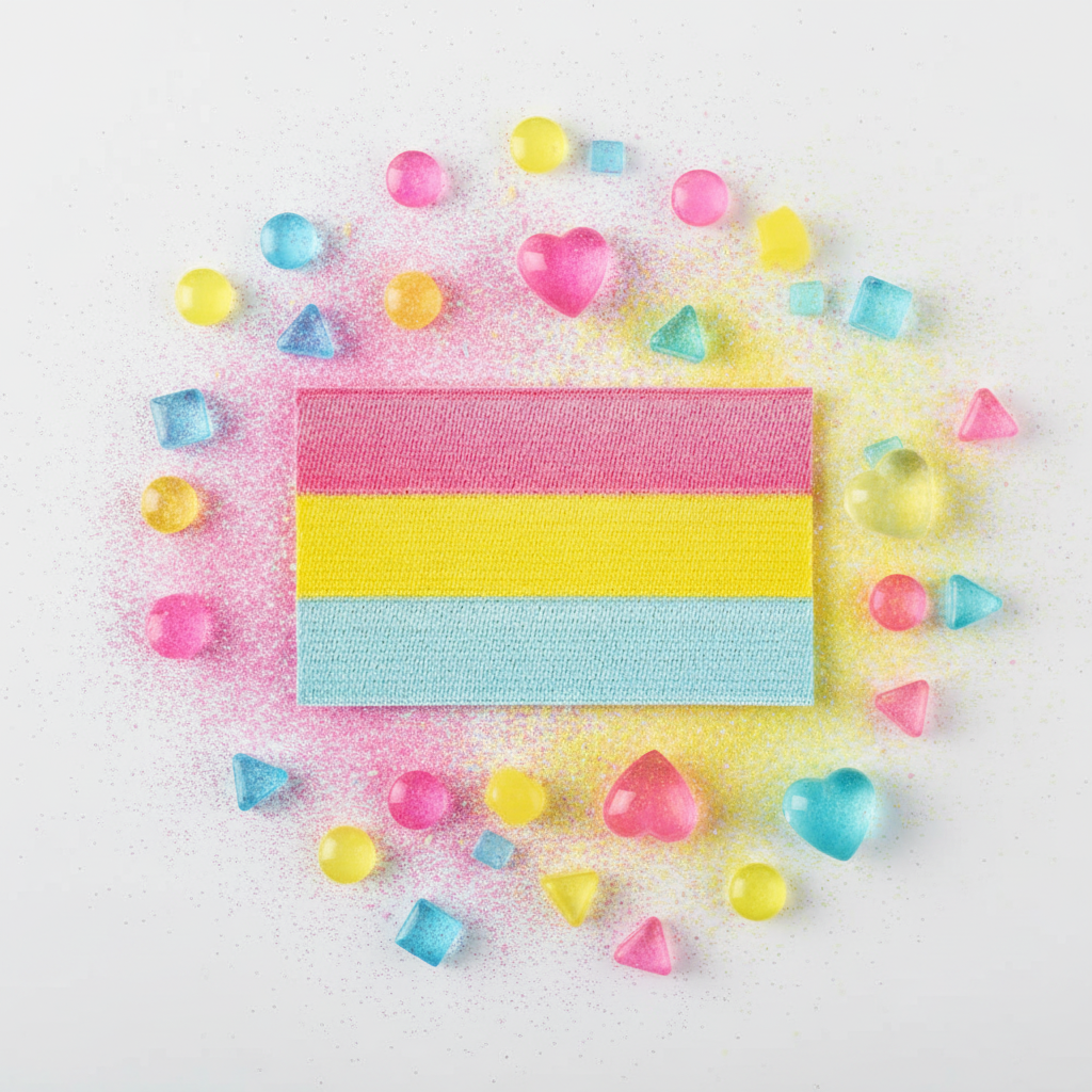 Pansexual Pride iron-on patch with a pink, yellow, and blue striped rectangle, gems, and hearts on glittery white fabric.