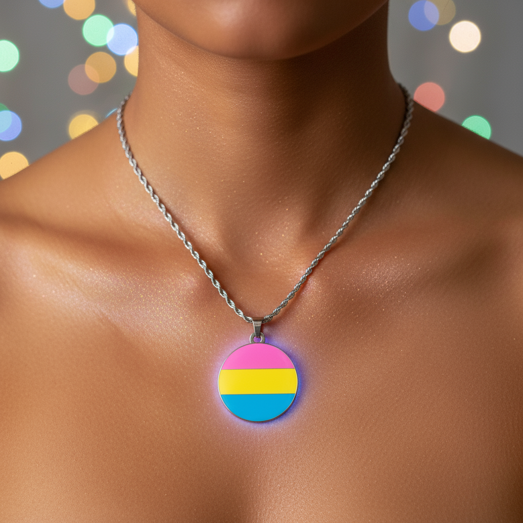 Pink, yellow, and blue pansexual pride pendant necklace worn on a model