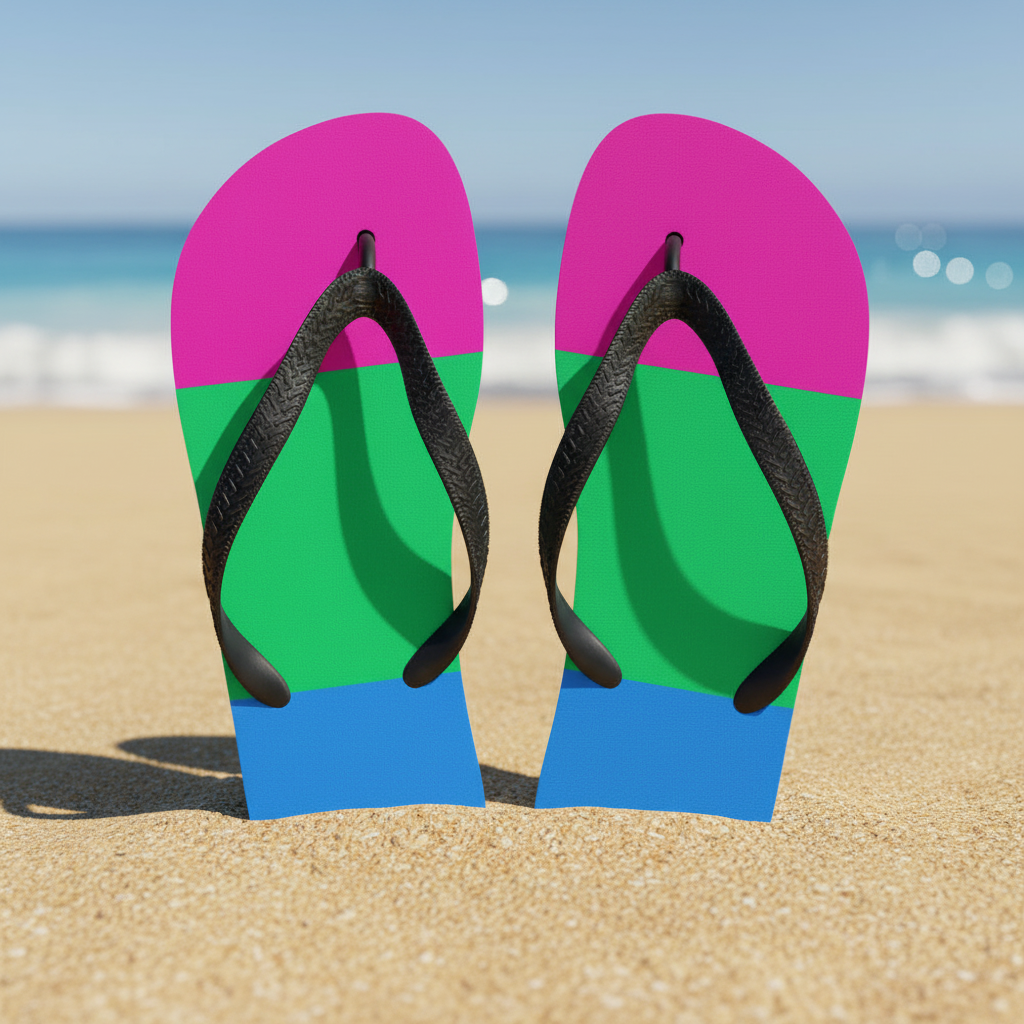 Pansexual Pride flip-flops rocking pink, yellow, and blue blocks with black straps stand in sand