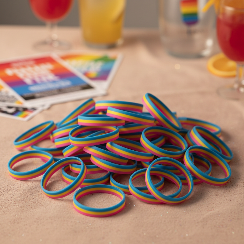 Pile of blue, pink, and yellow rubber wristbands on a tabletop with Pride items behind