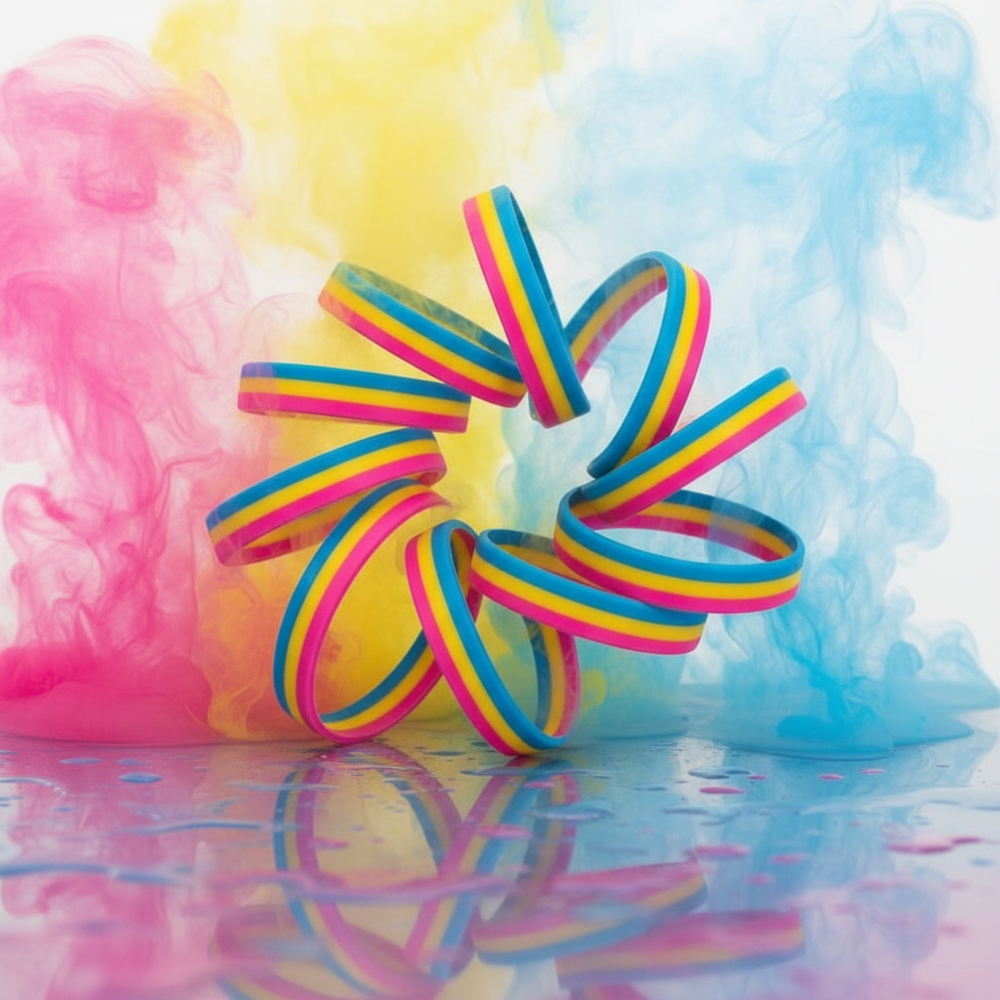 Close-up of five pansexual pride rubber wristbands in pink, yellow, and blue stripes