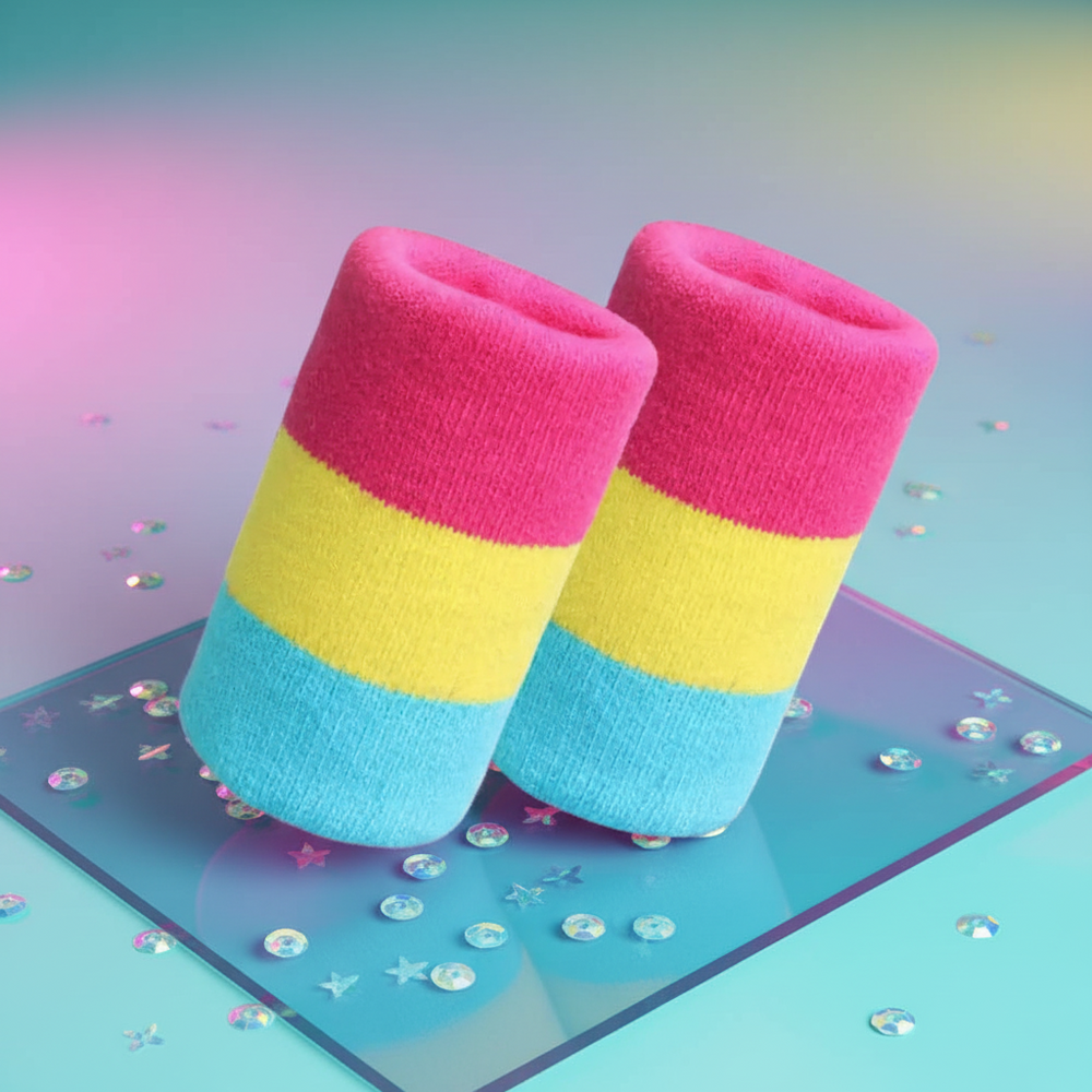 Two pink, yellow, and blue striped wrist sweatbands standing on a glitter-speckled surface