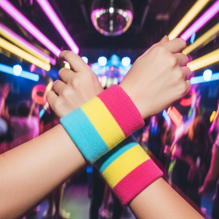 Two crossed forearms wearing striped pink, yellow, and blue wrist sweatbands at a neon-lit club