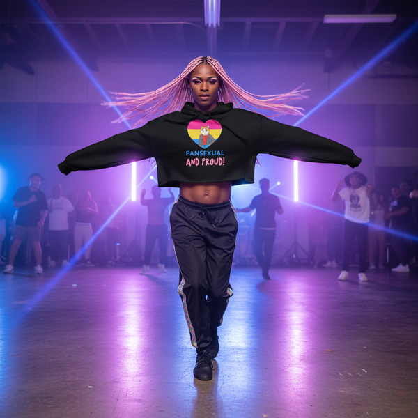 Pansexual And Proud crop hoodie with a heart in pan flag colors