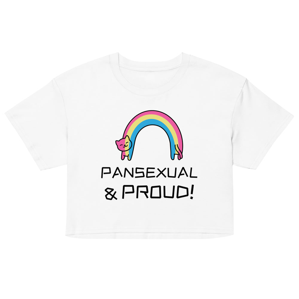 Front view of a white crop top with a rainbow cat graphic and “PANSEXUAL & PROUD!” text