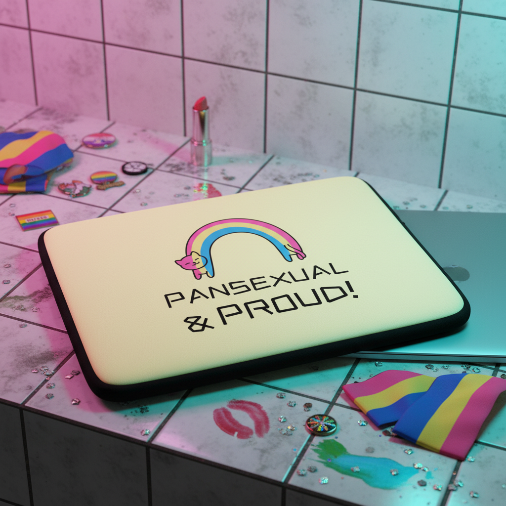Laptop sleeve in waterproof neoprene with a rainbow cat and “PANSEXUAL & PROUD!” text, resting with pride flags, buttons