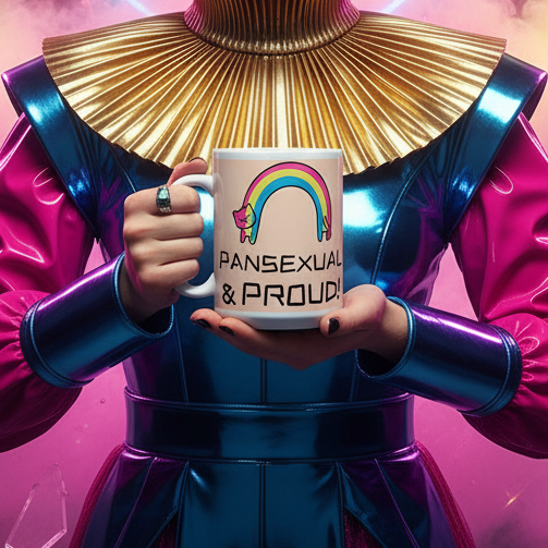Person in a metallic blue and pink outfit holds a mug reading “PANSEXUAL & PROUD!”