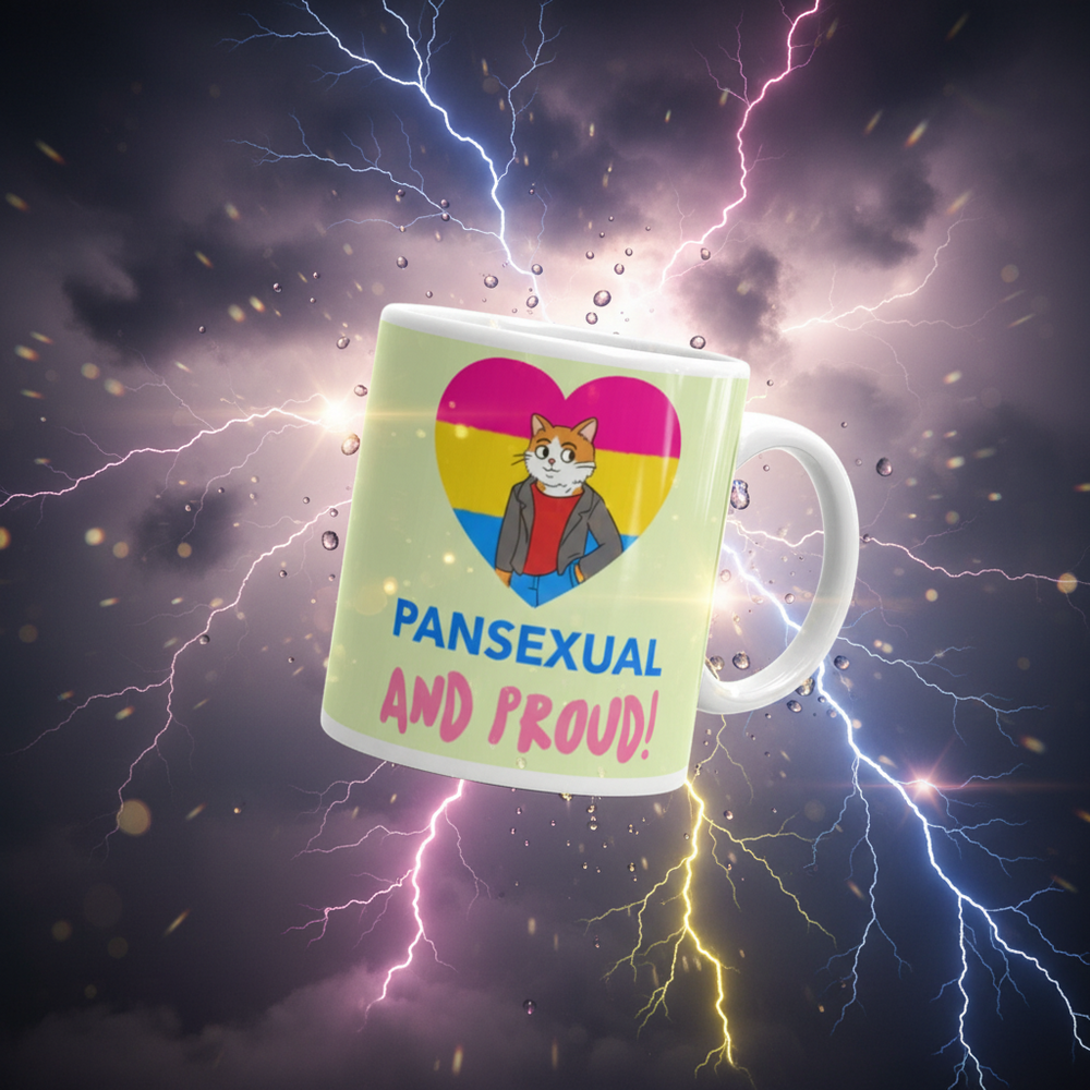 Angled mug reading “PANSEXUAL AND PROUD!” with a cat in a pride-colored heart