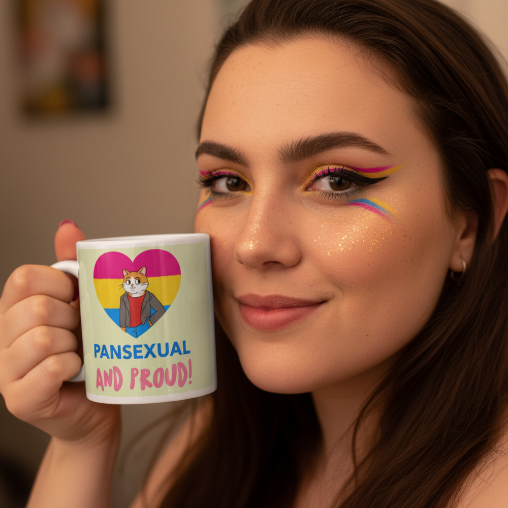 Person holds a mug reading “PANSEXUAL AND PROUD!” with a cat in a pride-colored heart