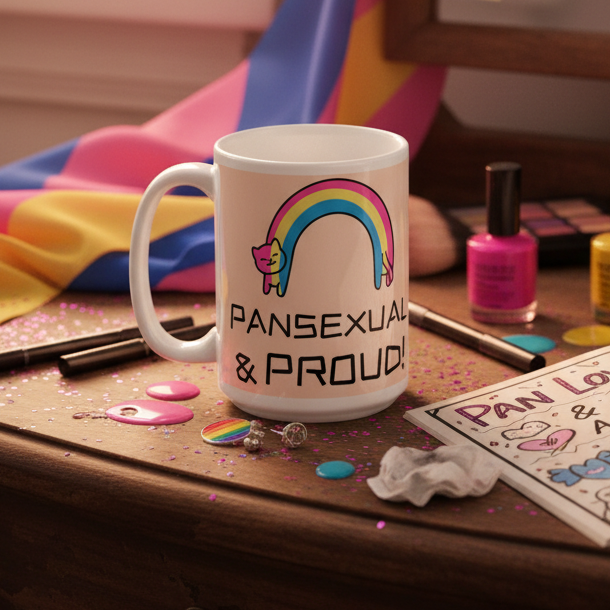White mug reading “PANSEXUAL & PROUD!” with a rainbow and cat graphic on a decorated table