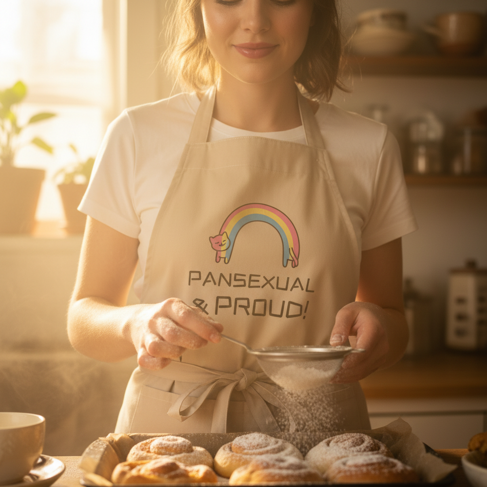 Person wearing a beige “PANSEXUAL & PROUD!” apron while dusting pastries in a kitchen