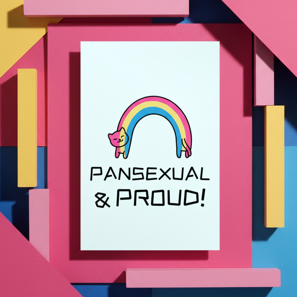 Pansexual & Proud Postcard shows a cat-shaped rainbow with 