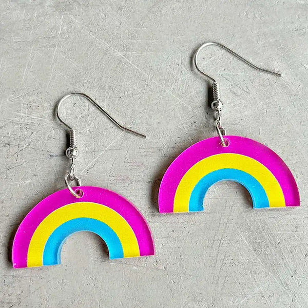 Pair of rainbow arch acrylic dangle earrings with pink, yellow, and blue bands