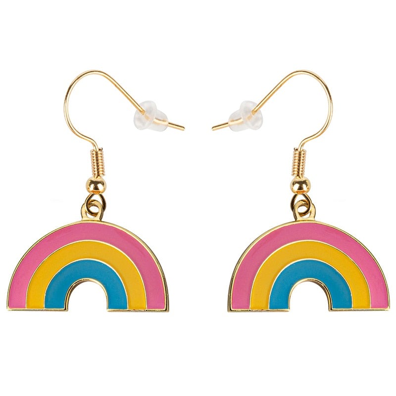 Pair of gold-tone rainbow drop earrings with pink, yellow, and blue enamel arcs